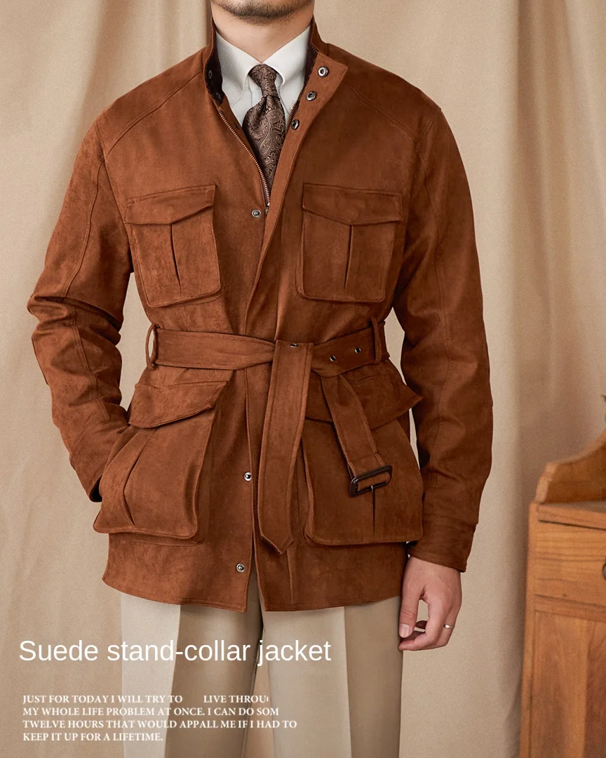 Gentry High-style Suede Hunting Jacket Belt Multi-pocket Warm Slim-fit Casual Jacket for Men