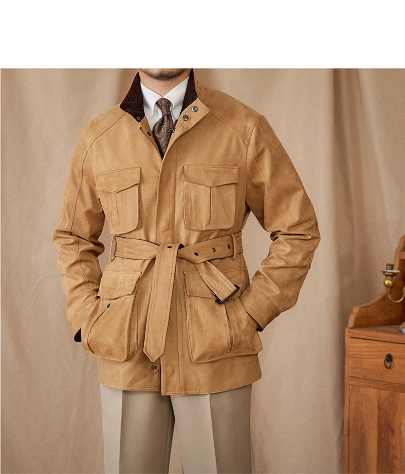 Gentry High-style Suede Hunting Jacket Belt Multi-pocket Warm Slim-fit Casual Jacket for Men