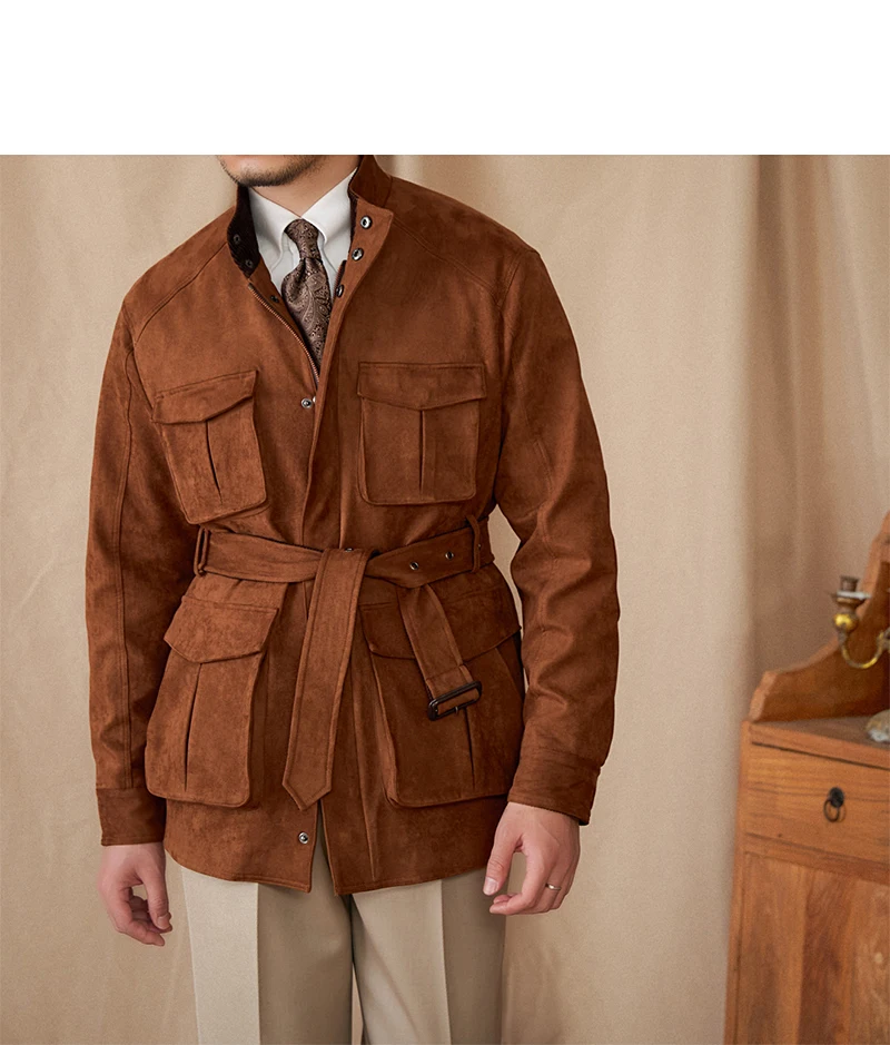 Gentry High-style Suede Hunting Jacket Belt Multi-pocket Warm Slim-fit Casual Jacket for Men