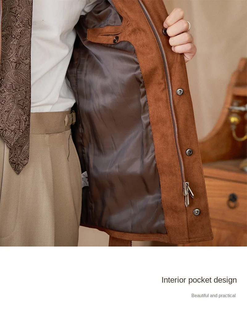 Gentry High-style Suede Hunting Jacket Belt Multi-pocket Warm Slim-fit Casual Jacket for Men