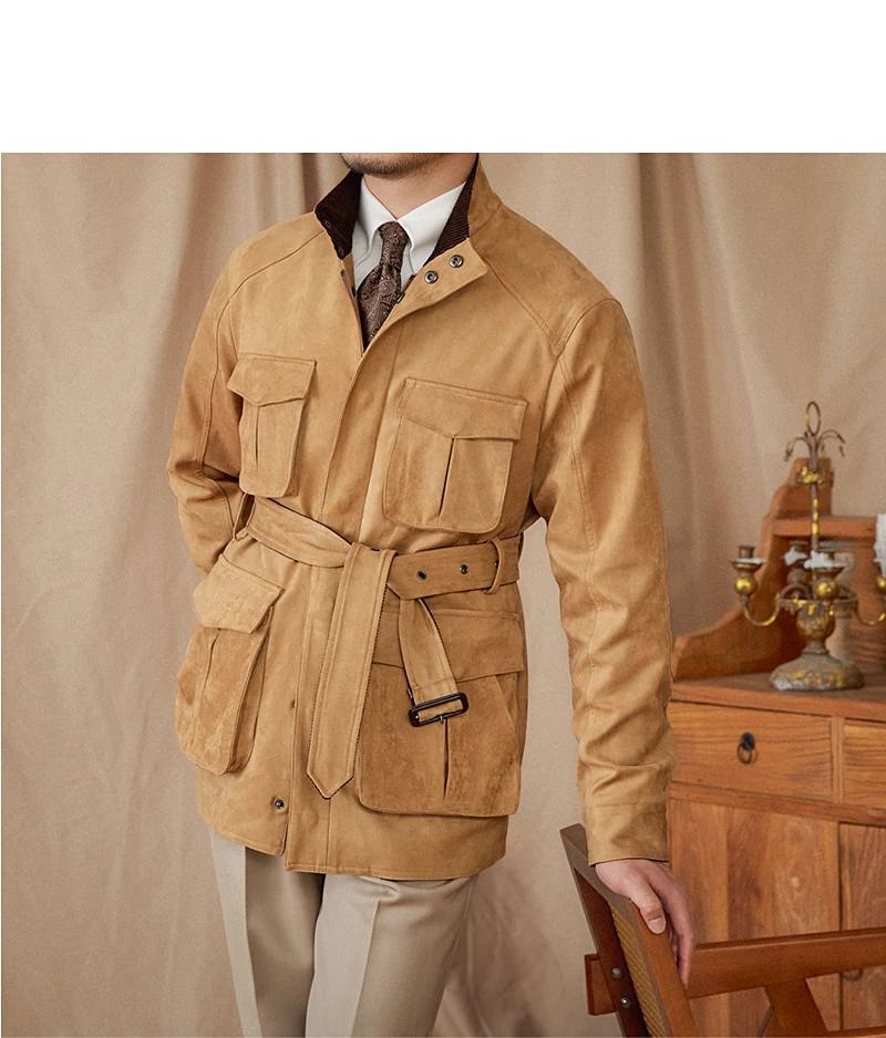 Gentry High-style Suede Hunting Jacket Belt Multi-pocket Warm Slim-fit Casual Jacket for Men
