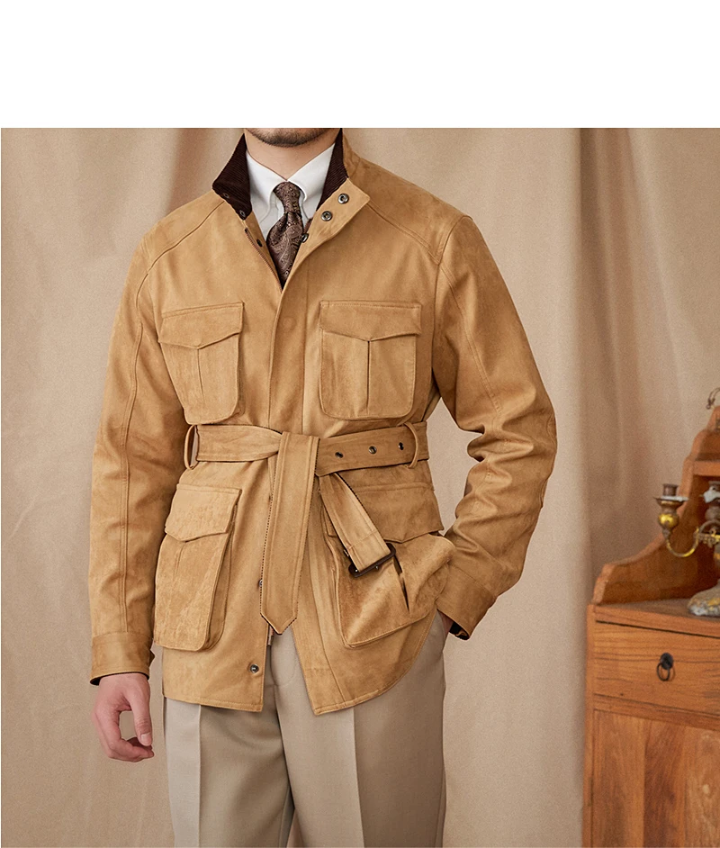 Gentry High-style Suede Hunting Jacket Belt Multi-pocket Warm Slim-fit Casual Jacket for Men