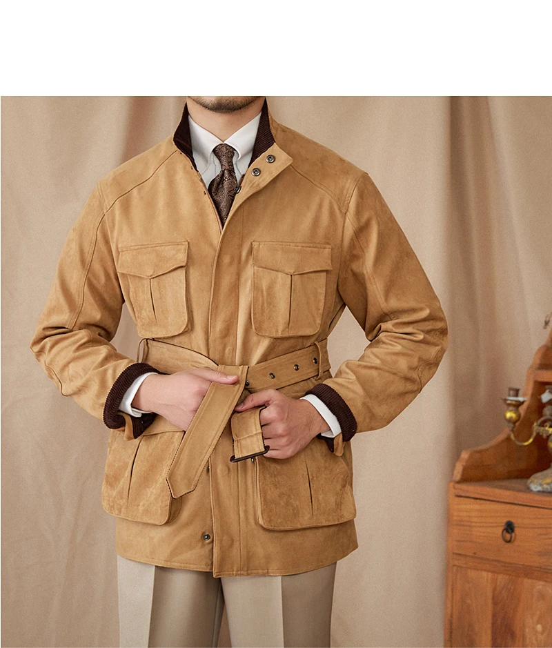 Gentry High-style Suede Hunting Jacket Belt Multi-pocket Warm Slim-fit Casual Jacket for Men