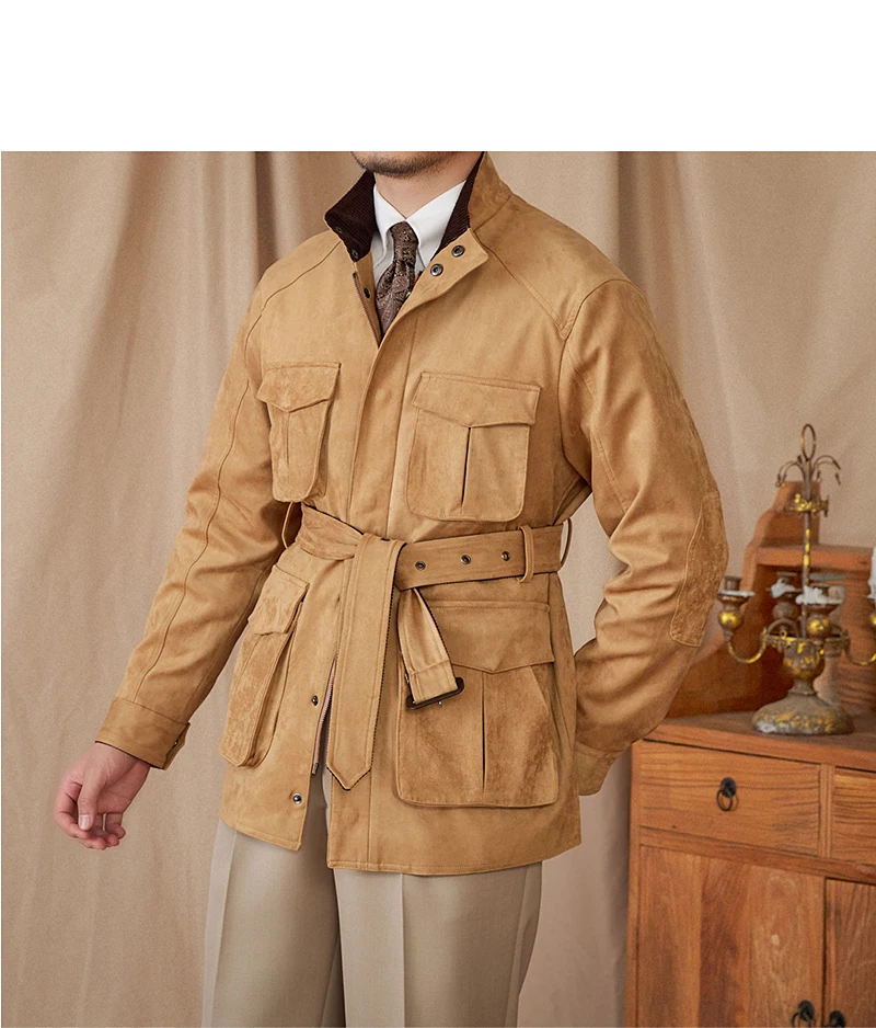 Gentry High-style Suede Hunting Jacket Belt Multi-pocket Warm Slim-fit Casual Jacket for Men