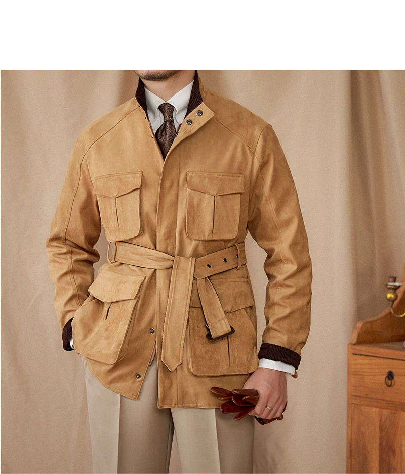 Gentry High-style Suede Hunting Jacket Belt Multi-pocket Warm Slim-fit Casual Jacket for Men
