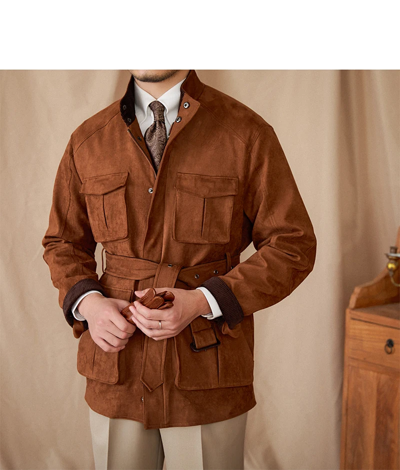 Gentry High-style Suede Hunting Jacket Belt Multi-pocket Warm Slim-fit Casual Jacket for Men
