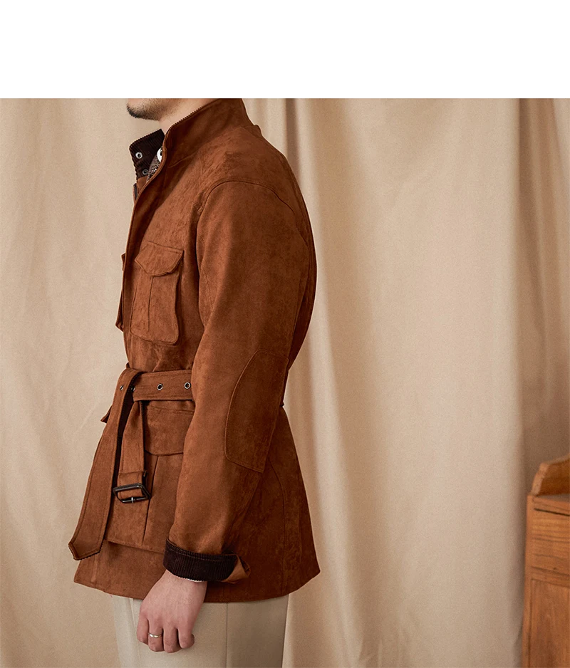 Gentry High-style Suede Hunting Jacket Belt Multi-pocket Warm Slim-fit Casual Jacket for Men