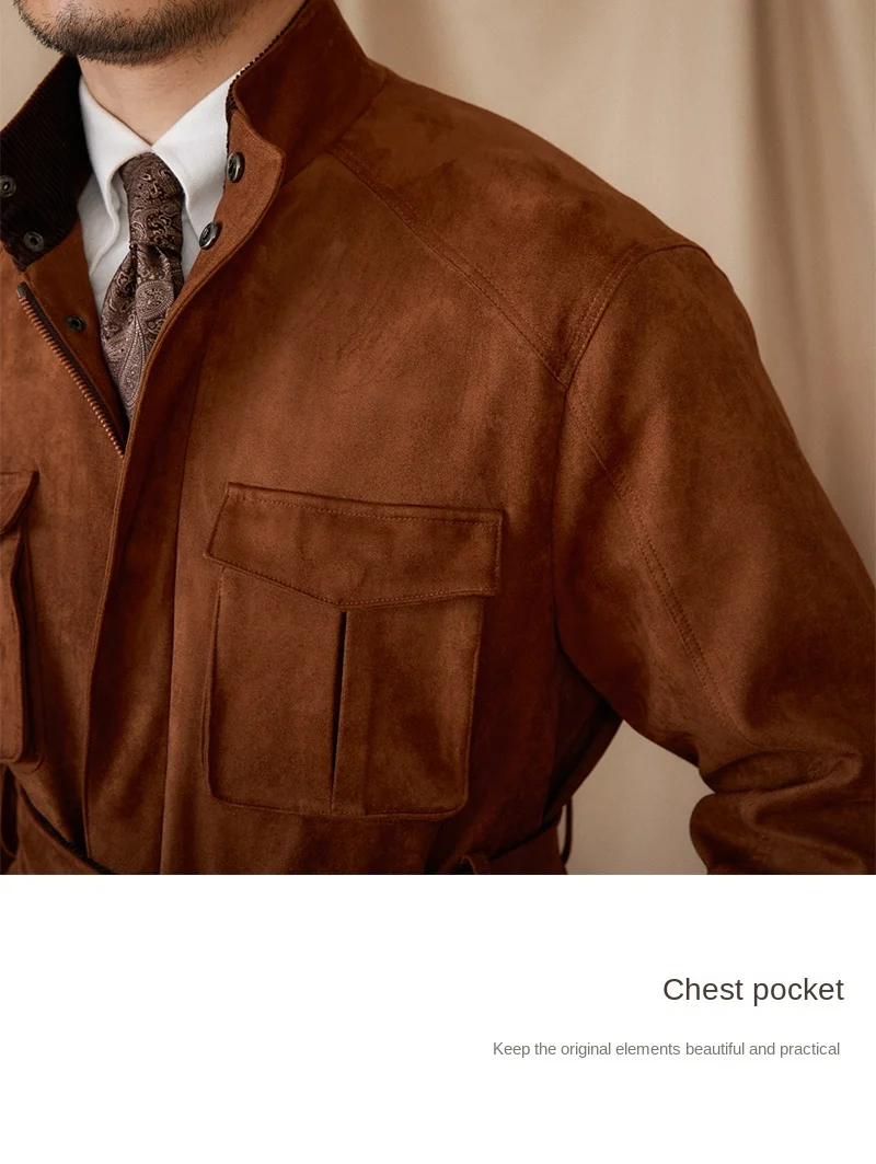 Gentry High-style Suede Hunting Jacket Belt Multi-pocket Warm Slim-fit Casual Jacket for Men