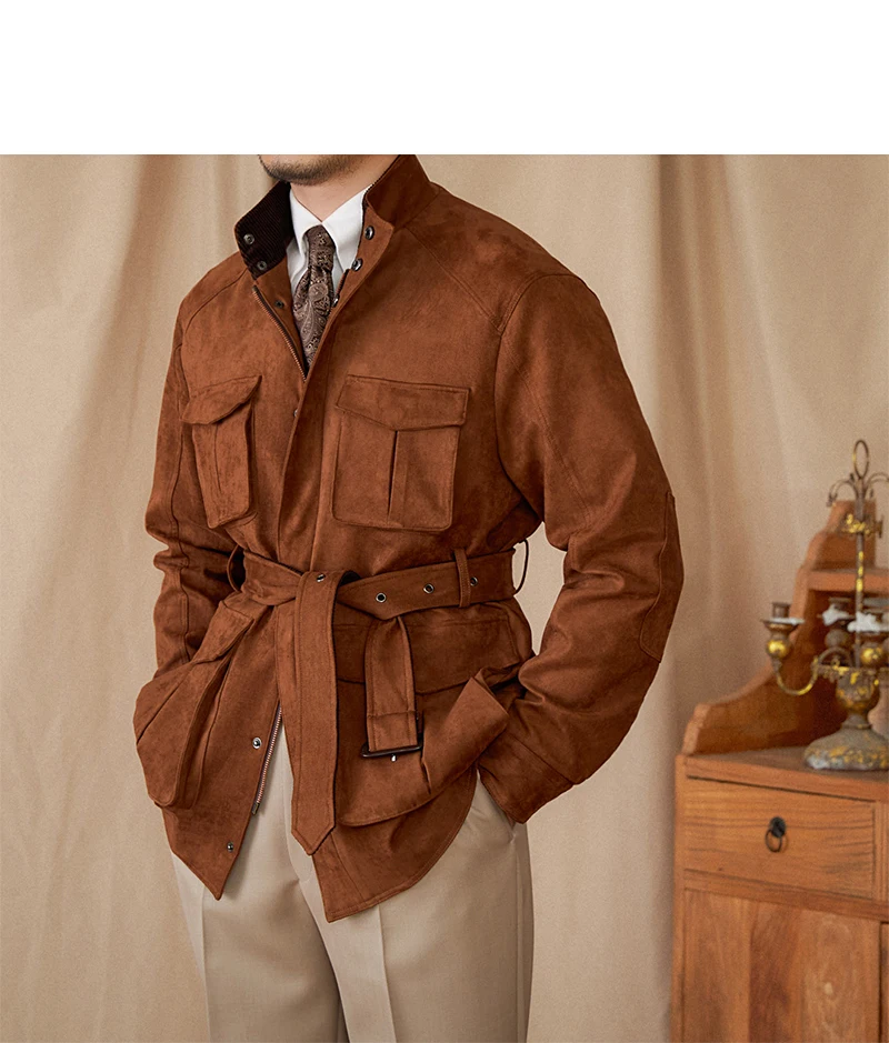 Gentry High-style Suede Hunting Jacket Belt Multi-pocket Warm Slim-fit Casual Jacket for Men