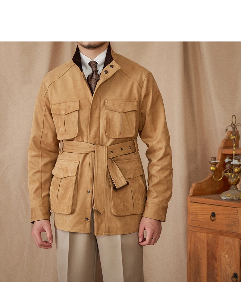 Gentry High-style Suede Hunting Jacket Belt Multi-pocket Warm Slim-fit Casual Jacket for Men