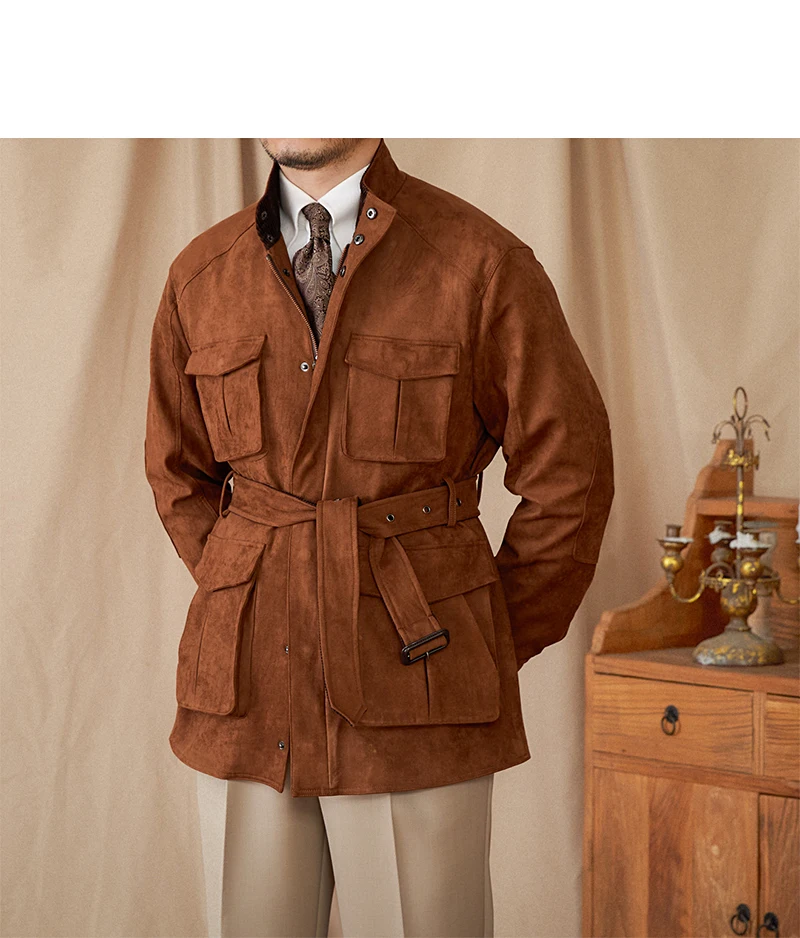 Gentry High-style Suede Hunting Jacket Belt Multi-pocket Warm Slim-fit Casual Jacket for Men