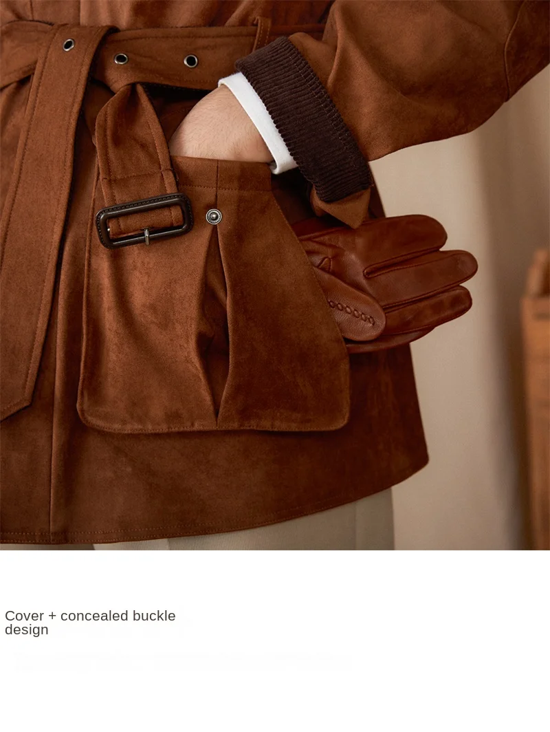 Gentry High-style Suede Hunting Jacket Belt Multi-pocket Warm Slim-fit Casual Jacket for Men