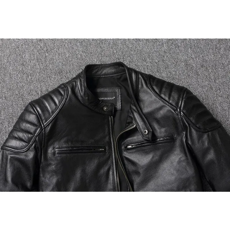 KIDWHXR Autumn Men Leather Jacket Motorcycle Retro Stand Collar Zipper Male Coat Slim Long Sleeve Windproof Man Casual Outerwear