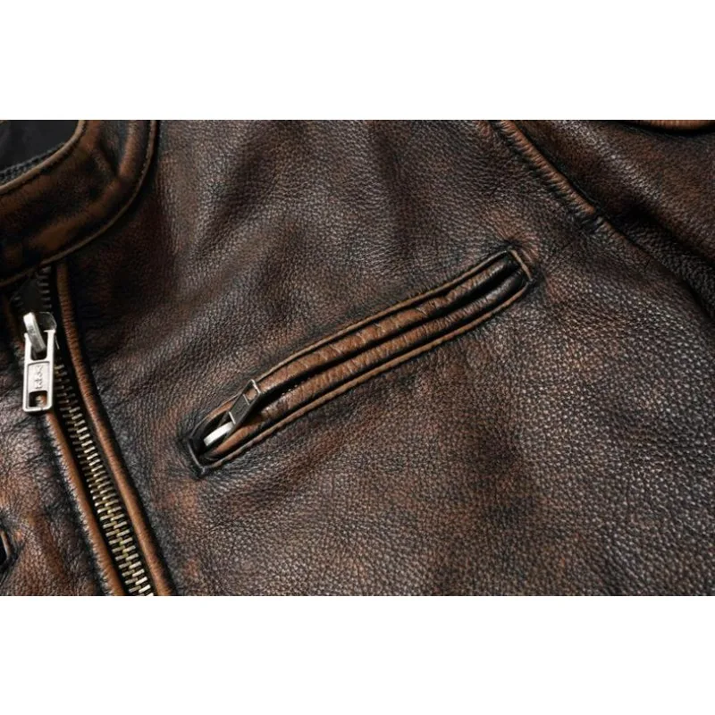 KIDWHXR Autumn Men Leather Jacket Motorcycle Retro Stand Collar Zipper Male Coat Slim Long Sleeve Windproof Man Casual Outerwear