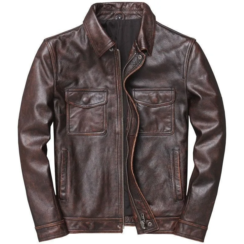 KIDWHXR Autumn Men Leather Jacket Motorcycle Retro Stand Collar Zipper Male Coat Slim Long Sleeve Windproof Man Casual Outerwear