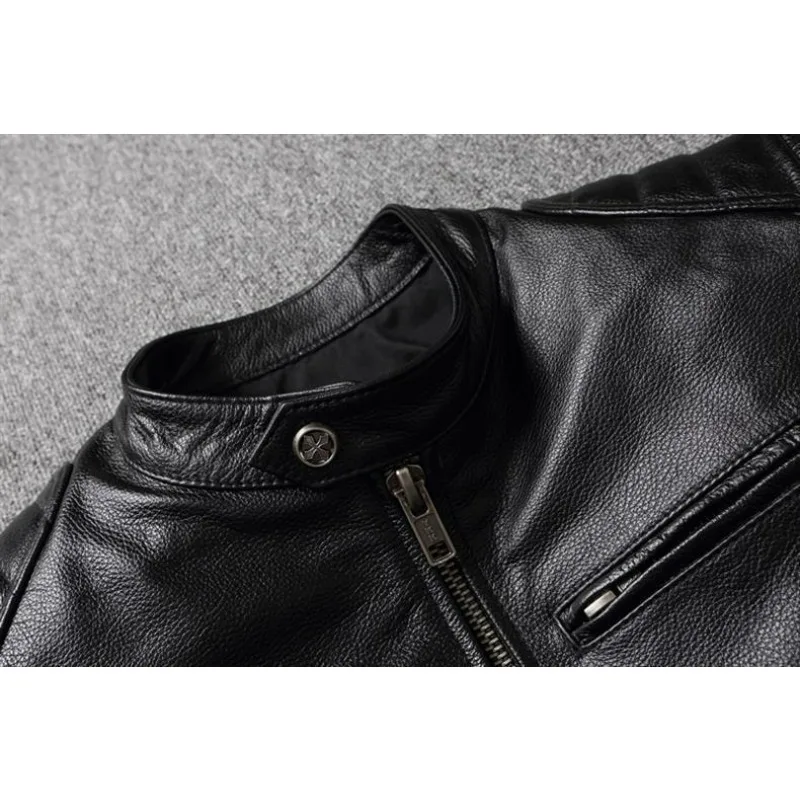 KIDWHXR Autumn Men Leather Jacket Motorcycle Retro Stand Collar Zipper Male Coat Slim Long Sleeve Windproof Man Casual Outerwear