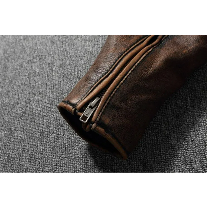 KIDWHXR Autumn Men Leather Jacket Motorcycle Retro Stand Collar Zipper Male Coat Slim Long Sleeve Windproof Man Casual Outerwear