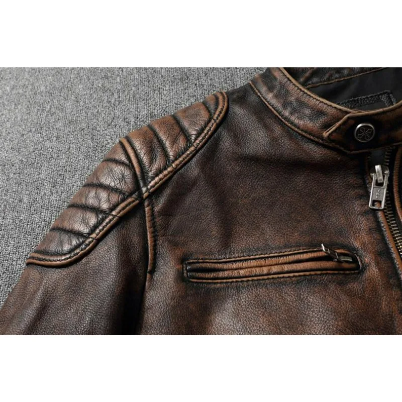 KIDWHXR Autumn Men Leather Jacket Motorcycle Retro Stand Collar Zipper Male Coat Slim Long Sleeve Windproof Man Casual Outerwear
