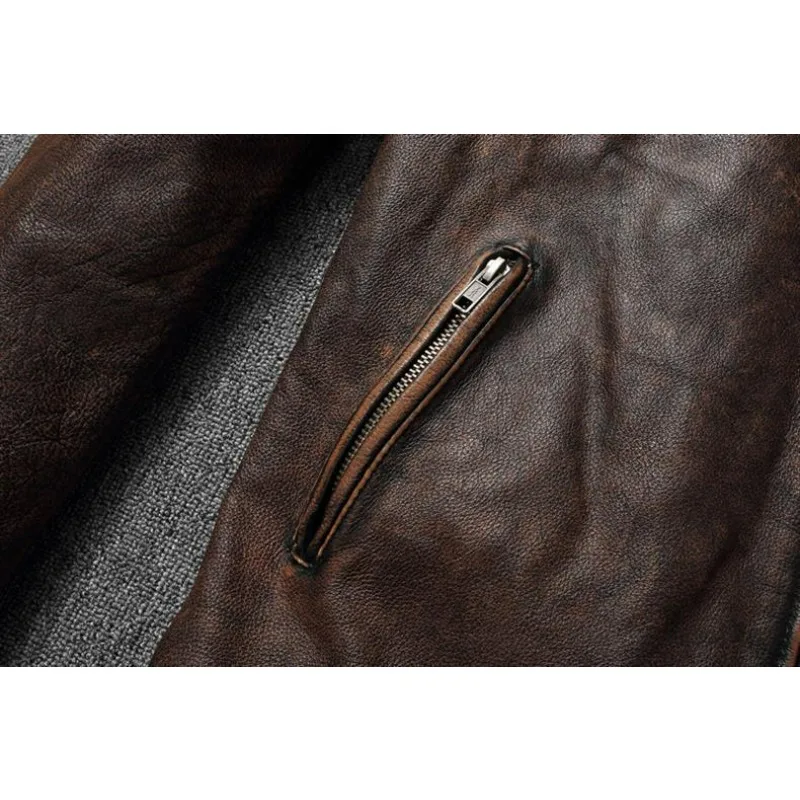 KIDWHXR Autumn Men Leather Jacket Motorcycle Retro Stand Collar Zipper Male Coat Slim Long Sleeve Windproof Man Casual Outerwear