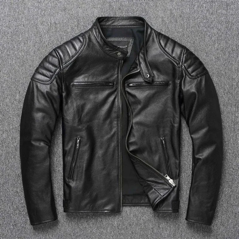 KIDWHXR Autumn Men Leather Jacket Motorcycle Retro Stand Collar Zipper Male Coat Slim Long Sleeve Windproof Man Casual Outerwear