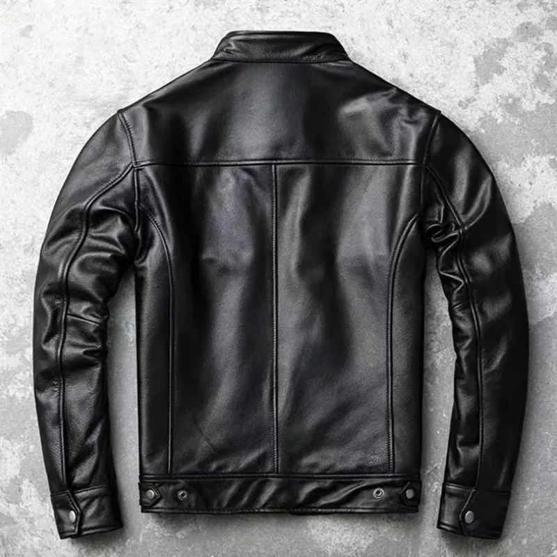 KIDWHXR Autumn Men Leather Jacket Motorcycle Retro Stand Collar Zipper Male Coat Slim Long Sleeve Windproof Man Casual Outerwear