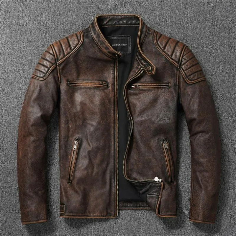 KIDWHXR Autumn Men Leather Jacket Motorcycle Retro Stand Collar Zipper Male Coat Slim Long Sleeve Windproof Man Casual Outerwear