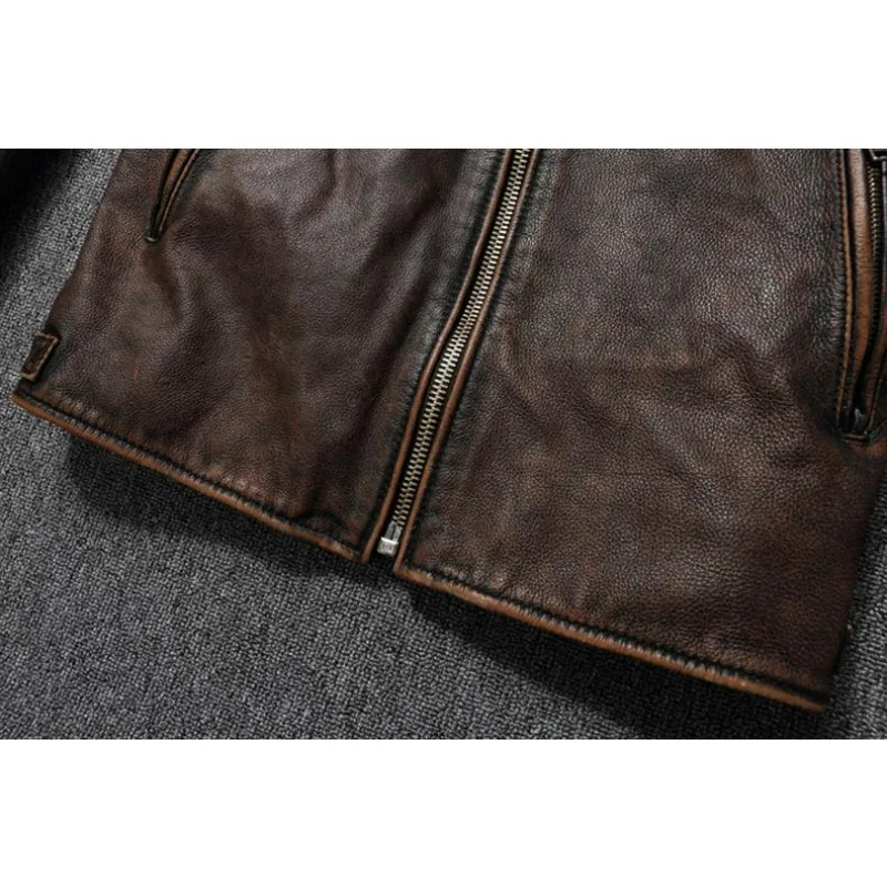KIDWHXR Autumn Men Leather Jacket Motorcycle Retro Stand Collar Zipper Male Coat Slim Long Sleeve Windproof Man Casual Outerwear