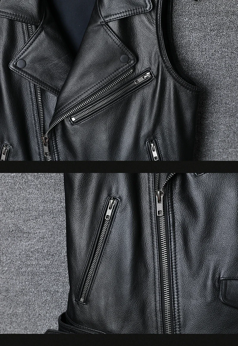 Classical Motorcycle 100% Cowhide Leather Vest Men's Oblique Zipper Genuine Leather Sleeveless Jackets Slim Motorcade Vests