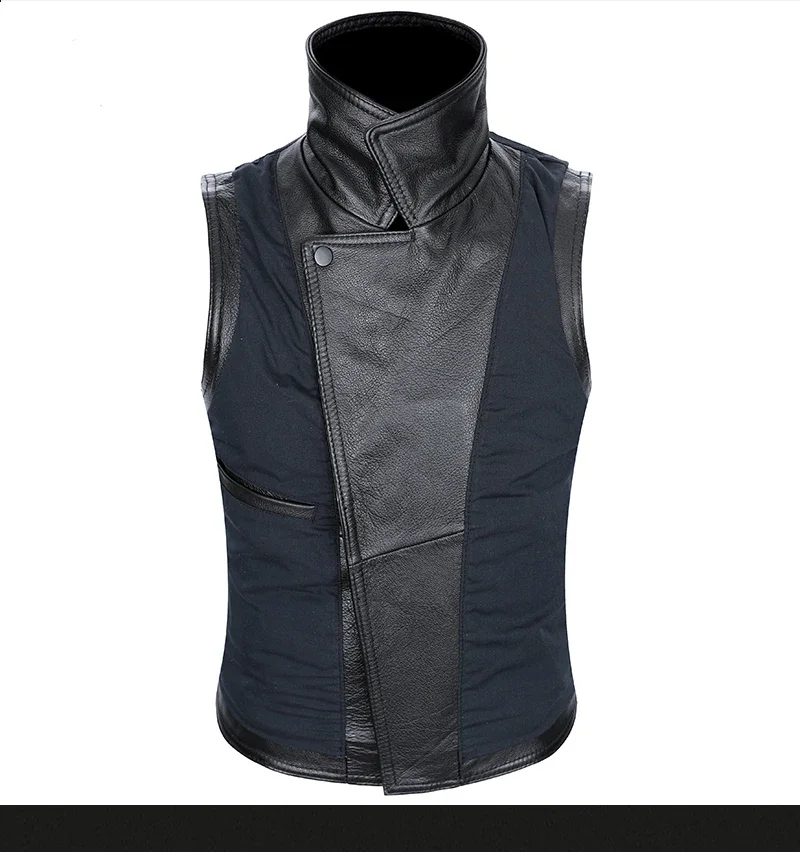 Classical Motorcycle 100% Cowhide Leather Vest Men's Oblique Zipper Genuine Leather Sleeveless Jackets Slim Motorcade Vests