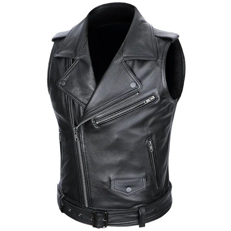 Classical Motorcycle 100% Cowhide Leather Vest Men's Oblique Zipper Genuine Leather Sleeveless Jackets Slim Motorcade Vests