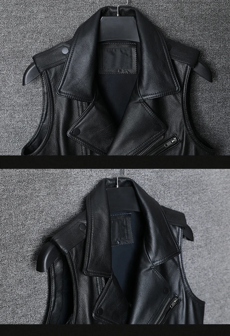 Classical Motorcycle 100% Cowhide Leather Vest Men's Oblique Zipper Genuine Leather Sleeveless Jackets Slim Motorcade Vests