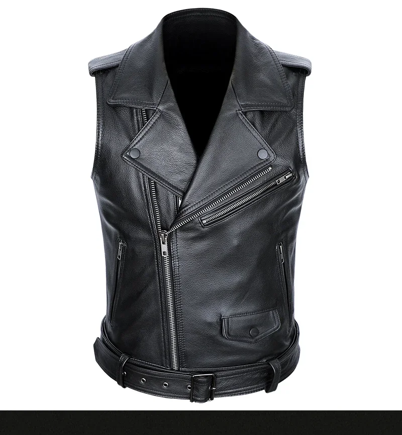 Classical Motorcycle 100% Cowhide Leather Vest Men's Oblique Zipper Genuine Leather Sleeveless Jackets Slim Motorcade Vests