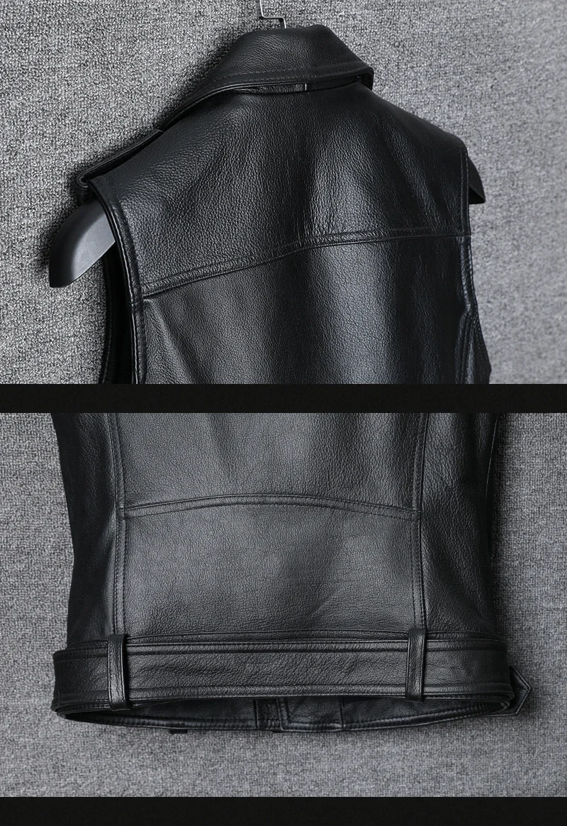 Classical Motorcycle 100% Cowhide Leather Vest Men's Oblique Zipper Genuine Leather Sleeveless Jackets Slim Motorcade Vests