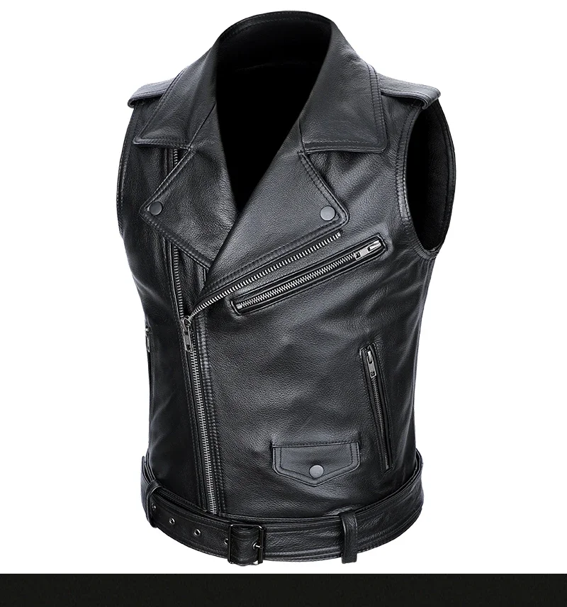 Classical Motorcycle 100% Cowhide Leather Vest Men's Oblique Zipper Genuine Leather Sleeveless Jackets Slim Motorcade Vests