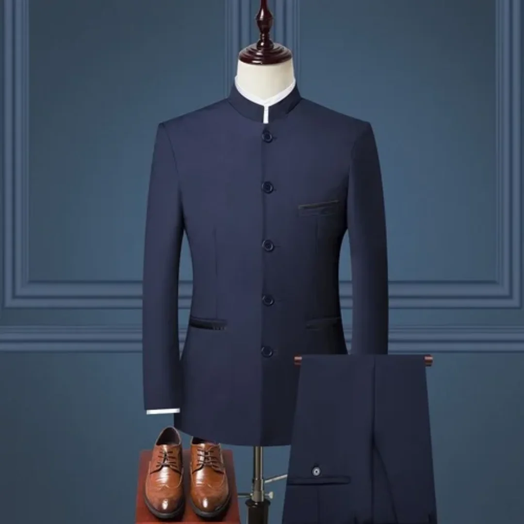 Stand Collar Men Blazer Pants Business Men's Wedding Suit Jacket Coat Trousers Waistcoat High Quality Slim Dress Set