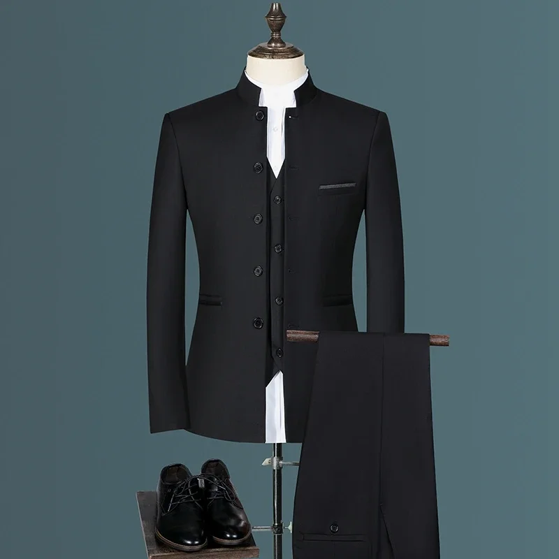 Stand Collar Men Blazer Pants Business Men's Wedding Suit Jacket Coat Trousers Waistcoat High Quality Slim Dress Set