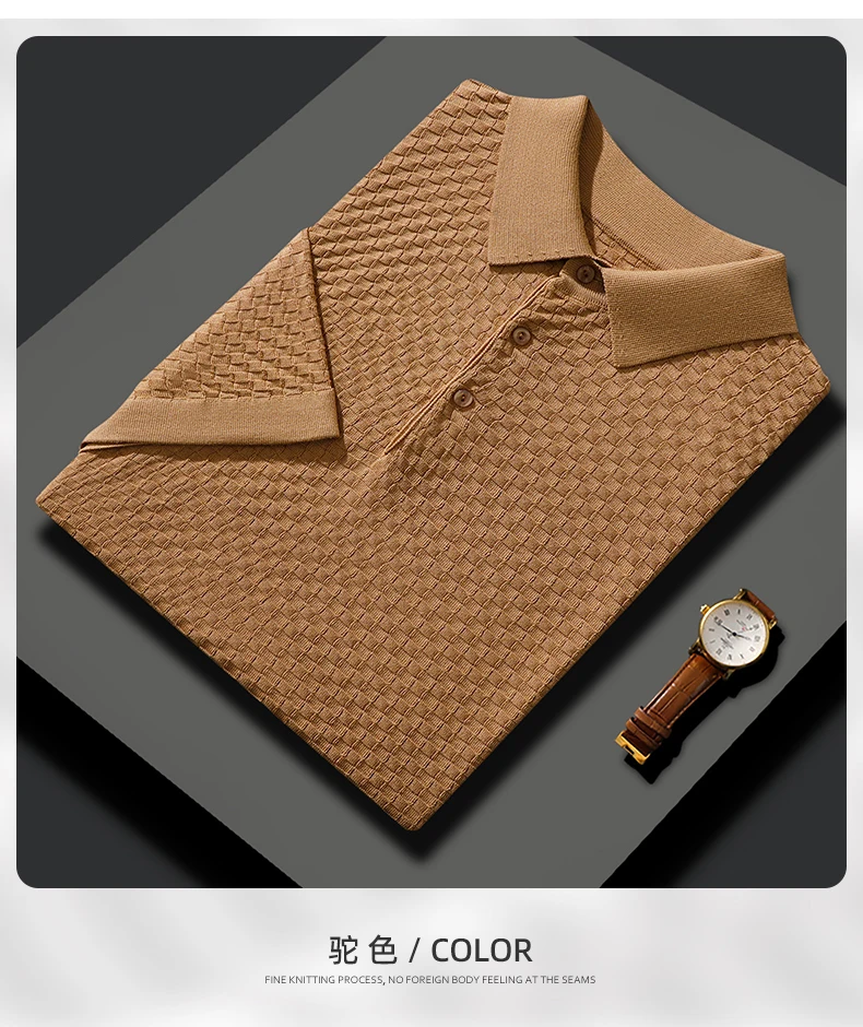 Business High-End Quality Men's Silk Pullover Short Sleeved POLO Neck Solid Color Breathable T-Shirt Knit Bottom Top 2023 Summer