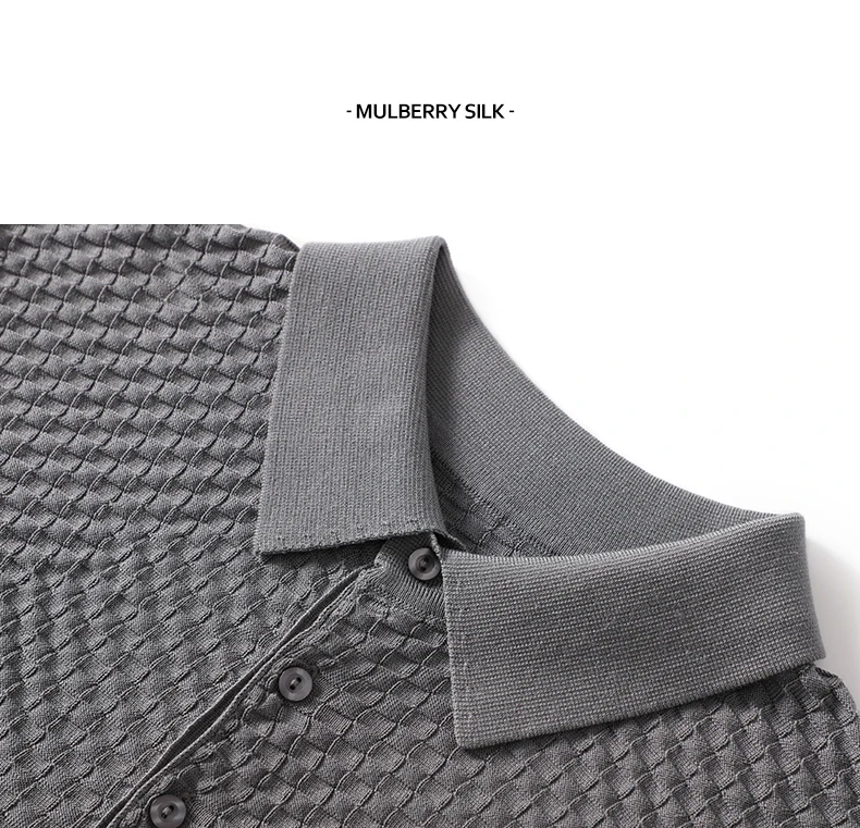 Business High-End Quality Men's Silk Pullover Short Sleeved POLO Neck Solid Color Breathable T-Shirt Knit Bottom Top 2023 Summer
