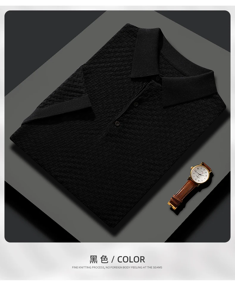 Business High-End Quality Men's Silk Pullover Short Sleeved POLO Neck Solid Color Breathable T-Shirt Knit Bottom Top 2023 Summer