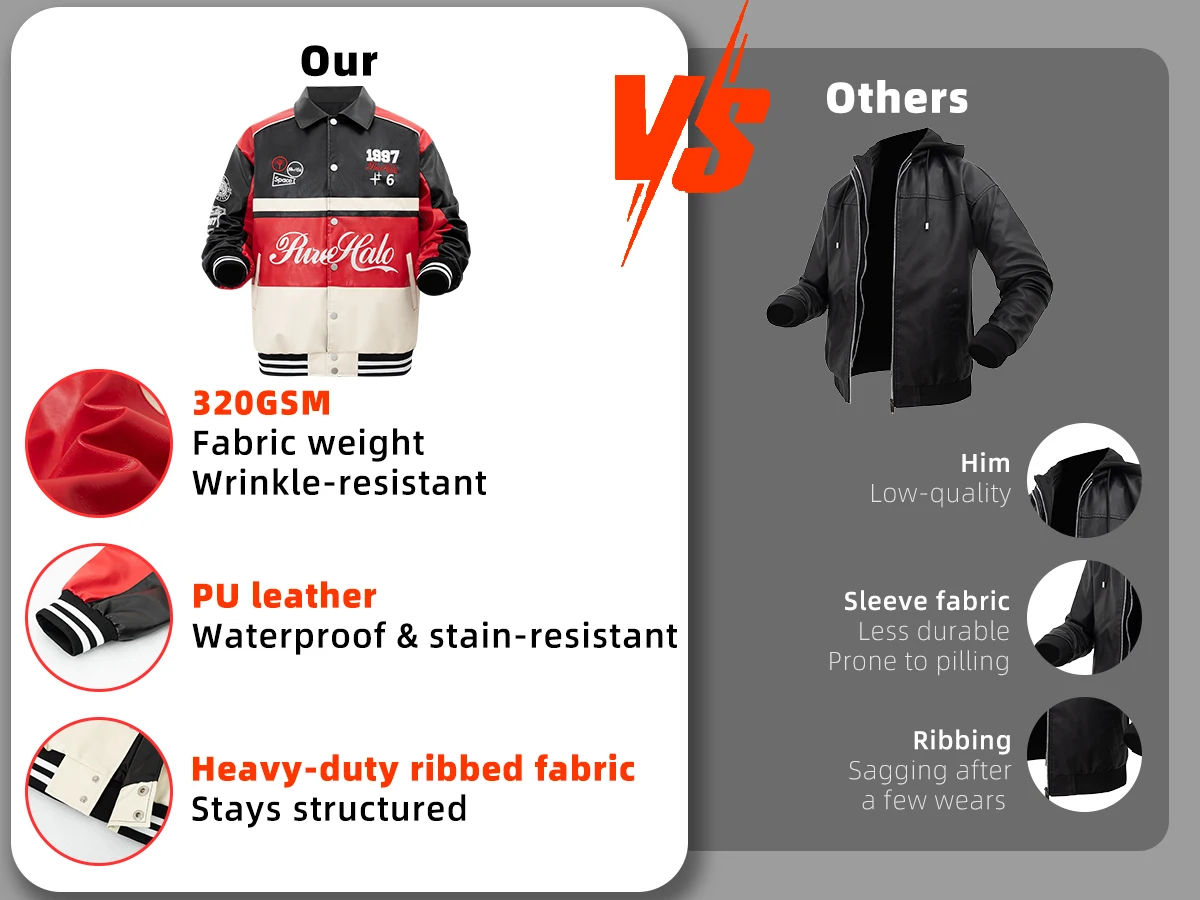 Men's PU Leather Motorcycle Jacket Vintage Varsity Coat Letterman Baseball Style Outerwear Streetwear for Outdoor Activities