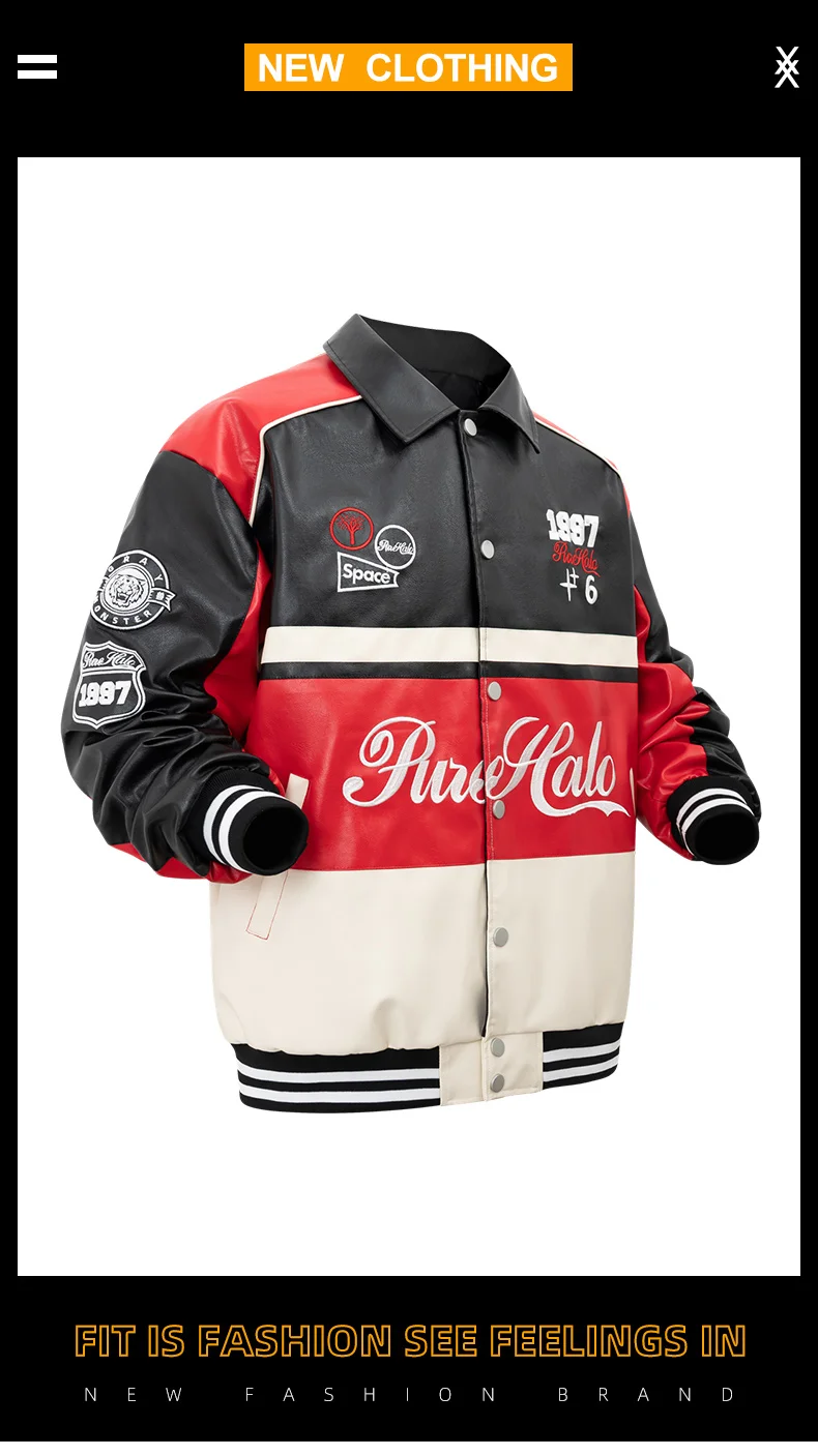 Men's PU Leather Motorcycle Jacket Vintage Varsity Coat Letterman Baseball Style Outerwear Streetwear for Outdoor Activities