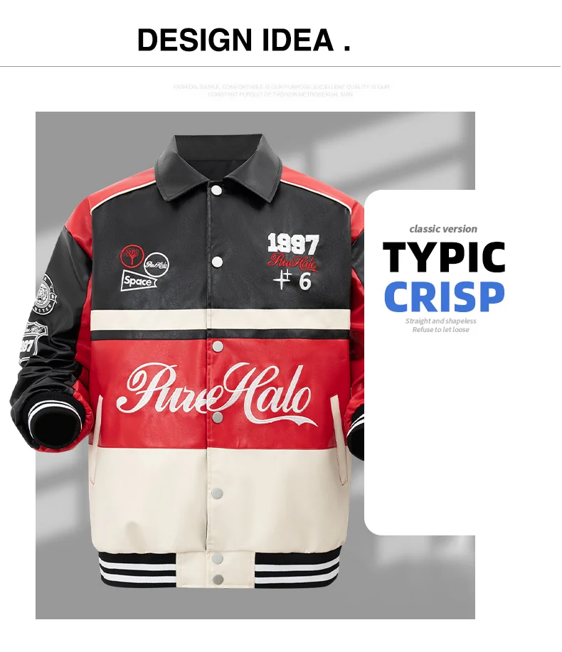 Men's PU Leather Motorcycle Jacket Vintage Varsity Coat Letterman Baseball Style Outerwear Streetwear for Outdoor Activities