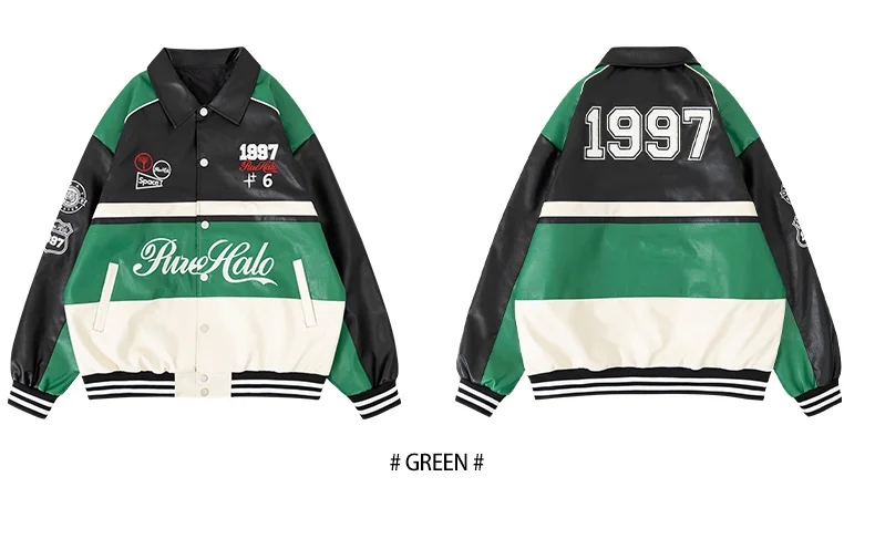 Men's PU Leather Motorcycle Jacket Vintage Varsity Coat Letterman Baseball Style Outerwear Streetwear for Outdoor Activities