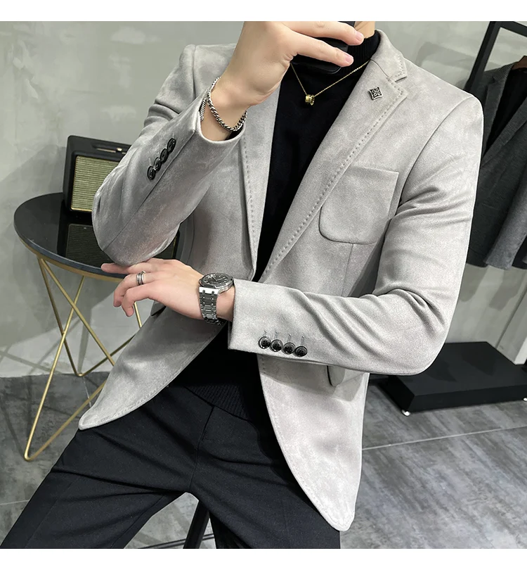Men's Deerskin Fleece Jacket Suit Coat Blazer Men's Business Leisure Slim Fit Brand Fashion High Quality Single Button Suit Coat