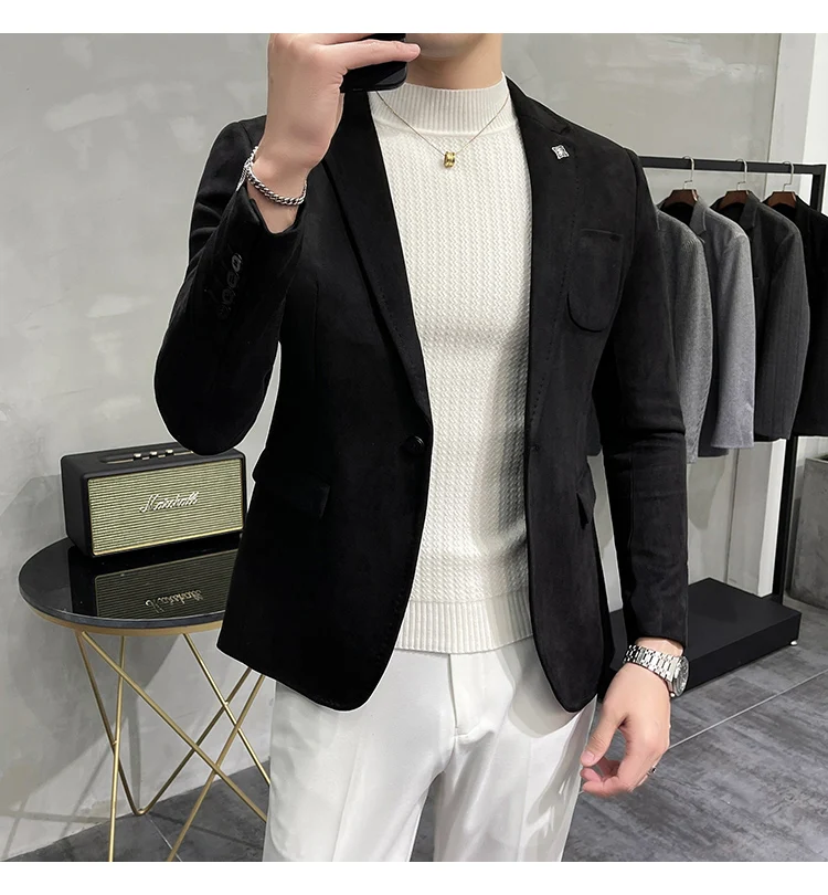 Men's Deerskin Fleece Jacket Suit Coat Blazer Men's Business Leisure Slim Fit Brand Fashion High Quality Single Button Suit Coat
