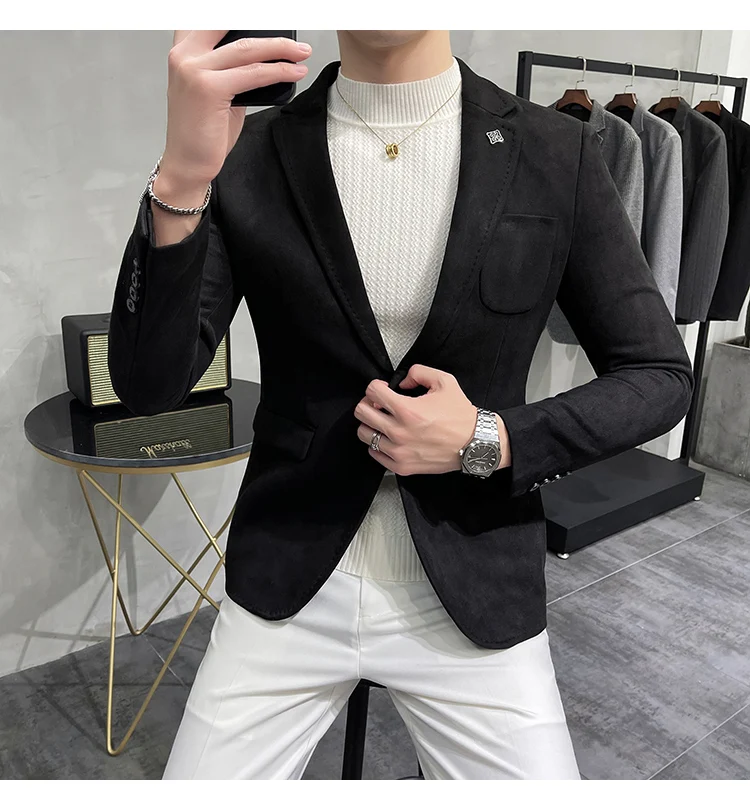 Men's Deerskin Fleece Jacket Suit Coat Blazer Men's Business Leisure Slim Fit Brand Fashion High Quality Single Button Suit Coat