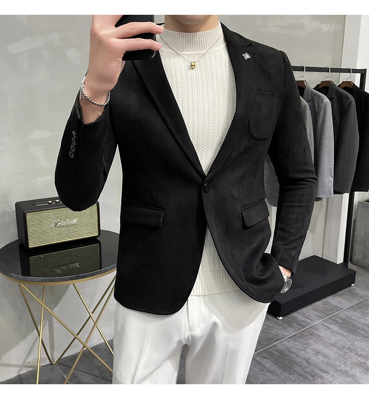 Men's Deerskin Fleece Jacket Suit Coat Blazer Men's Business Leisure Slim Fit Brand Fashion High Quality Single Button Suit Coat