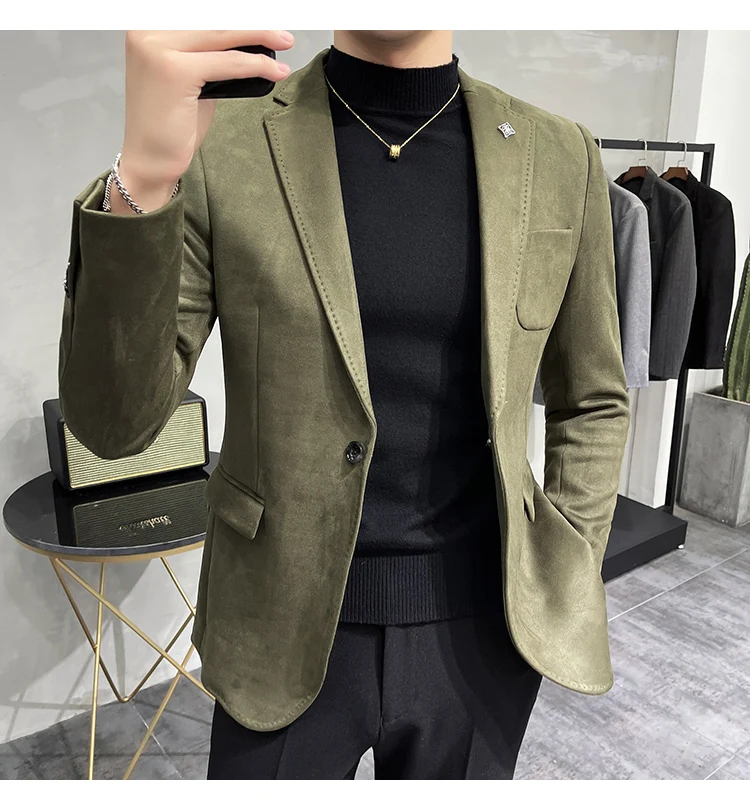 Men's Deerskin Fleece Jacket Suit Coat Blazer Men's Business Leisure Slim Fit Brand Fashion High Quality Single Button Suit Coat