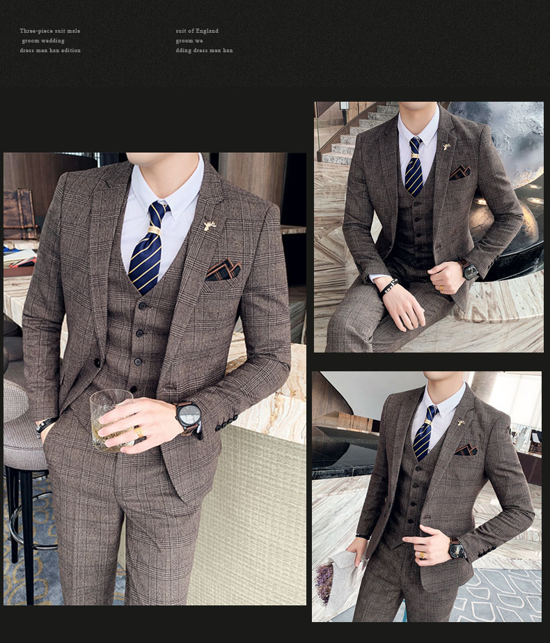 S-7XL ( Blazer + Vest + Pants ) Striped Plaid Solid Color Mens Formal Business Suit 3Pcs Set Groom Wedding Social Show Dress
