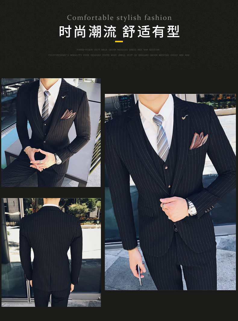 S-7XL ( Blazer + Vest + Pants ) Striped Plaid Solid Color Mens Formal Business Suit 3Pcs Set Groom Wedding Social Show Dress